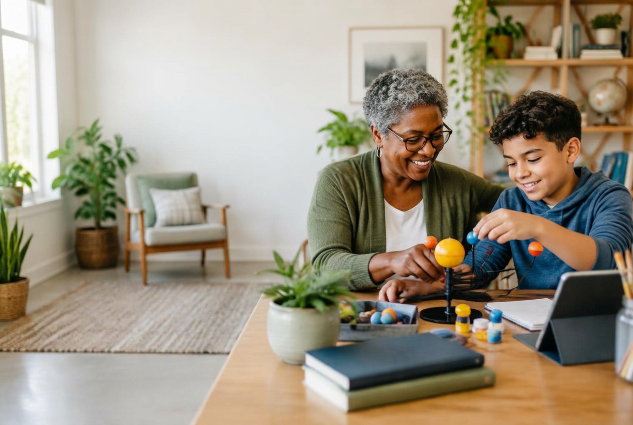 An educator and young learner exploring a hands-on science activity